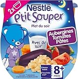 Sans conservateur* Nestlé Bébé - P\'tit Souper Aubergines Tomates Pâtes - Plat Légumes et féculents dès 8 mois - 2 x 200g