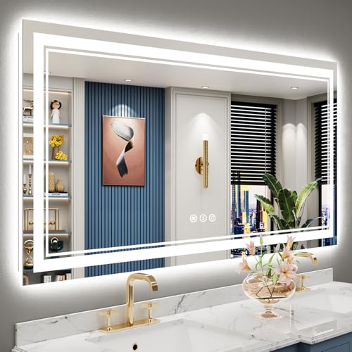 Image of 60x30 LED Bathroom Mirror with Lights, Backlit and Front Lit Anti-Fog Lighted Vanity Mirrors for Bathroom Wall, Dimmable, 3-Color Light, Memory, Shatter-Proof, HD Tempered Glass, CRI>90