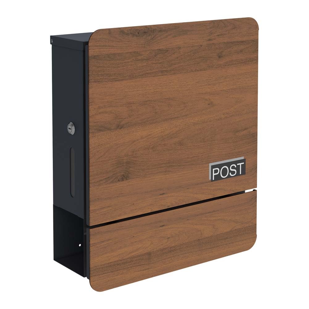 SCHARTEC Buzón SPB-5 de madera, diseño oscuro con compartimento para periódicos, moderno y grande, buzón de pared