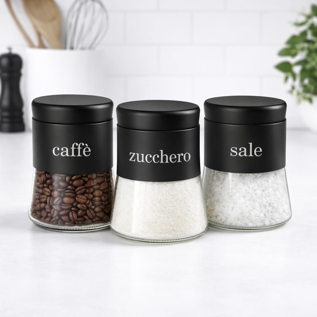Set 3 Barattoli in Vetro 750 ml per Sale, Zucchero e Caffè – Contenitori con Coperchio – Eleganti, Resistenti, Ideali per la Cucina, Vari Colori (NERO)