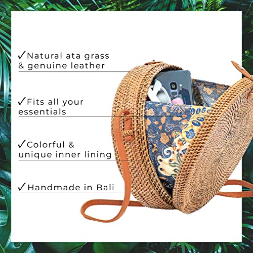 Image of Novum Crafts Round Rattan Bag for Women - Handmade Ata Wicker Woven Purse - Circle, Square, Oval Brown Straw Boho Bags