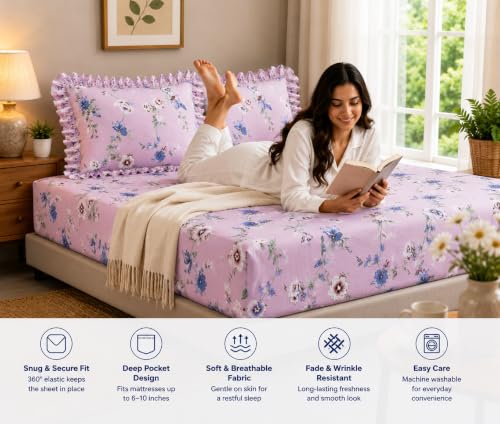 Image of Fitted Bedsheet Queen Size 300 TC Soft Cotton Feel Microfiber All Around Elastic Fitted Double Bedsheet with 2 Frill Pillow Covers | Size (60x78) Pink Lily