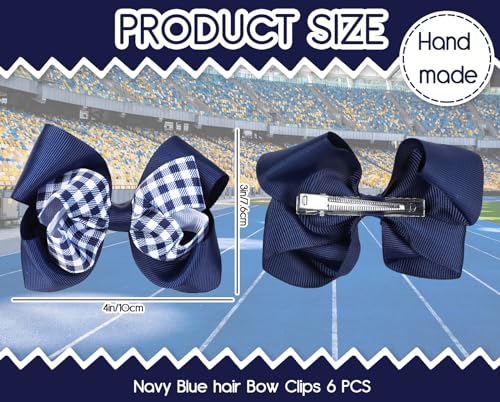 Image of Whaline Hair Bow Clips, 6Pcs Back to School Uniform Hair Accessories, Navy Blue Plaid Stripe Dot Grosgrain Ribbon Alligator Clips, 3 Styles