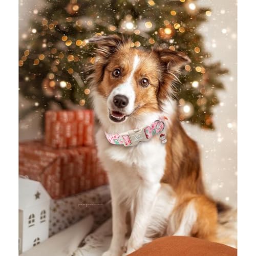 Image of Christmas Dog Collars - Lovely Pink Snowman and Lantern Print Dog Collar - Lightweight, Adjustable Collar for Small to Large Dogs XS