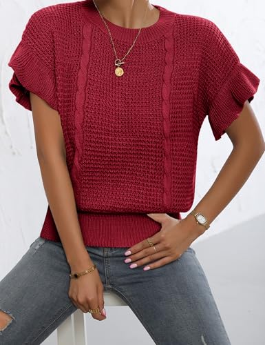 Image of Womens Short Sleeve Sweaters Ruffle Crewneck Pullover Sweater 2025 Casual Lightweight Summer Tops