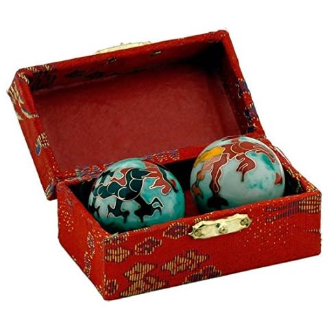 Chinese Health Balls with Chimes with Dragon(Power) & Phoenix(Happiness/Luck) Symbols; 4cm Diameter. Balls Come in a Traditional Chinese Presentation Box Cover