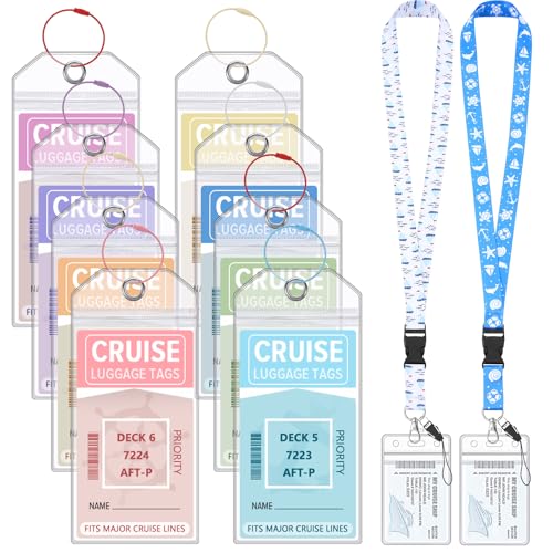 8 Pack Cruise Luggage Tags & 2 Pack Cruise Ship Lanyards with Waterproof ID Holder Luggage Tags Holders with Seal and Steel Loops for Cruise Essentials