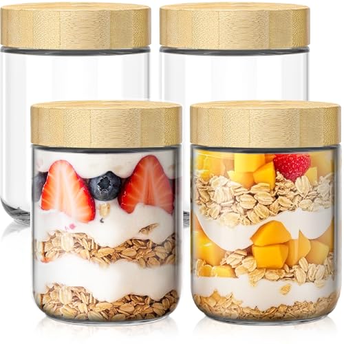 4 pack 16oz Overnight Oats Containers with Bamboo Lids, Glass Jar...