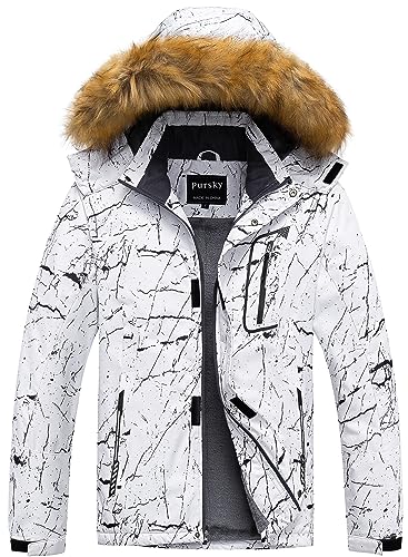 Pursky Men's Waterproof Ski Jacket Winter Snow Coats Fur Hooded Raincoats Parka