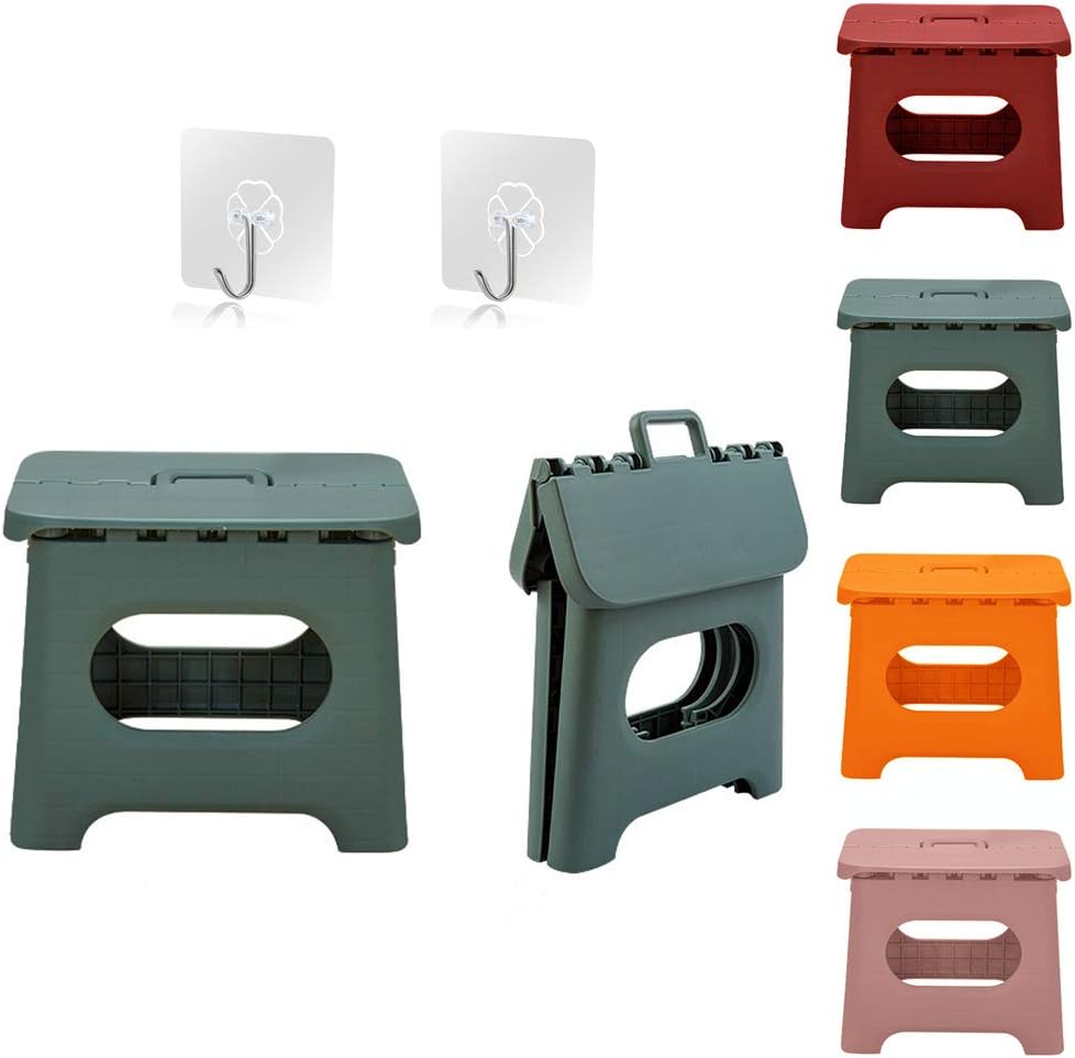 QILESUNNY Upgrade Version Kids' Step Stools,Folding Step Stool with Handle,Portable Collapsible Small Plastic Foot Stool for Kids and Adults - Use in The Kitchen, Bathroom and Bedroom，Picnic (Green)
