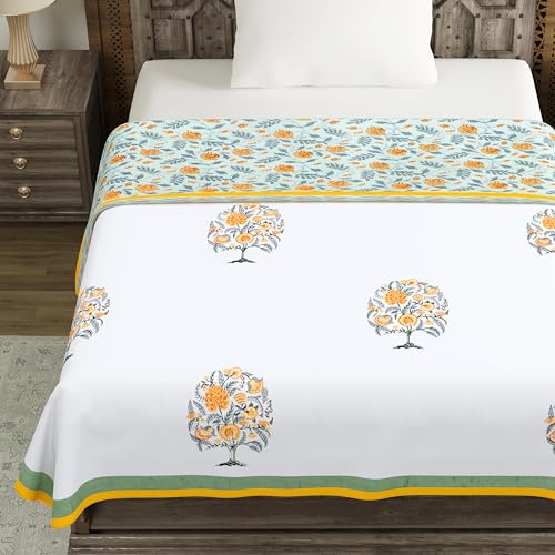 Image of BLOCKS OF INDIA Hand Block Printed Cotton Single Size Reversible Malmal Dohar for Summer (Green Tree of Life)