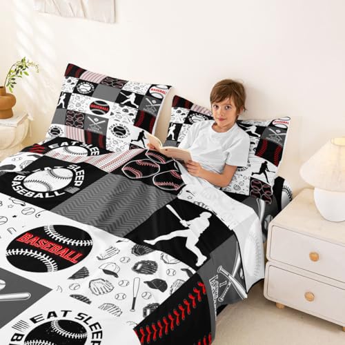 Image of Castle Fairy Patchwork Baseball Fitted Sheet King Size 4 Pcs,Sports Geometric Grid Red Grey Teens Sheets,Baseball Bedding Sets (1 Fitted,1 Flat,2 Pillowcases)