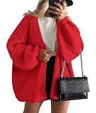 PRETTYGARDEN Womens Oversized Cardigan Sweaters 2024 Fall Long Lantern Sleeve Knit Open Front Lightweight Sweater (Red,Large)