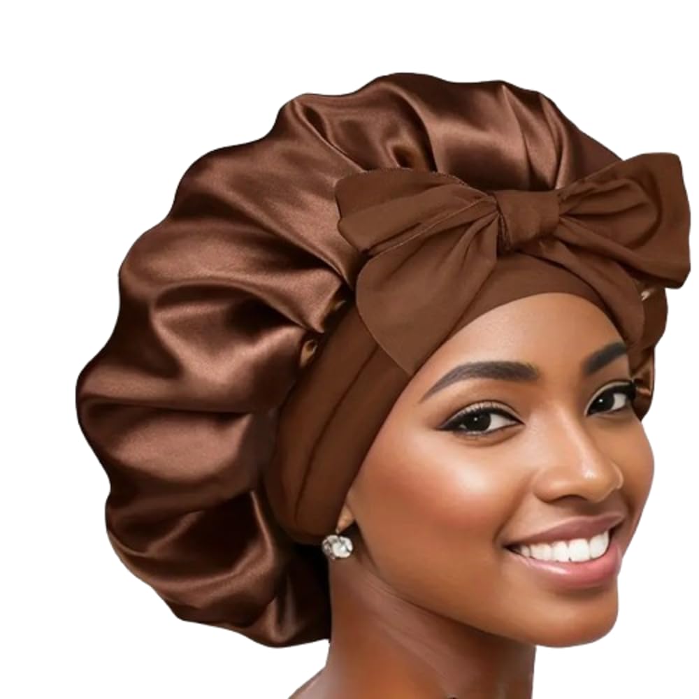 Boolavard Women's Brown Silk Bonnet For Sleeping Satin Bonnet Double Layer Satin Lined Hair Bonnet With Tie Band Curly Hair (Uk, Alpha, One Size, )