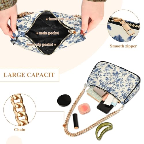 Bolso Tote Floral Azul y Blanco para Mujer con Cadena miniatura 6