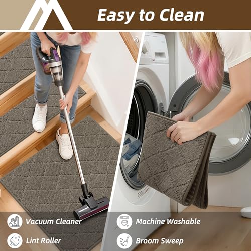 Image of COSY HOMEER Stair Landing Rugs Non-Slip Corner Indoor Edging Stair Treads for Wooden Steps,Washable Soft Stair Landing Mat for Kids,Elder and Dogs,Polyester,TPE Backing,Light Brown,30x30inch