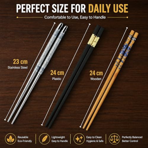 Image of 3-Pairs Reusable Chopsticks Set - Stainless Steel, Wooden & Fiber with Gold Accent - Lightweight, Square Grip Chop Sticks for Sushi, Noodles & Hotpot (Korean & Chinese Style)