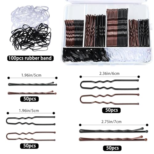 300pcs Bobby Pins Kit, 200 Hair Grips 100 Rubber Hair Bands for Women, U Shaped Hair Pins Black and Brown Bobby Pin Styling Accessories with Storage Box, 2inch, 2.36inch, 2.75inch - Image 3