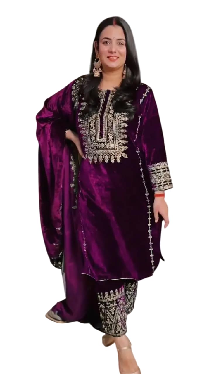 Women's Viscose Velvet Embroidery and Sequence Work Straight Kurti with Pant & Dupatta Set (Blue-L)-image-5
