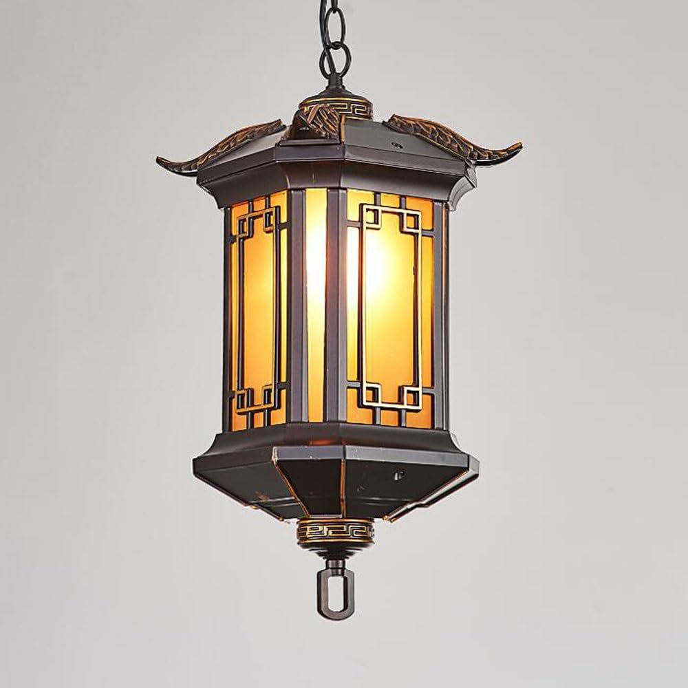 BLOOHK Oriental Hanging Lantern, Chinese Style Pagoda Pendant Light with Amber Glass, Decorative Asian Metal Ceiling Fixture for Patio, Gazebo, Tea Room, Hallway(19cm*40cm)