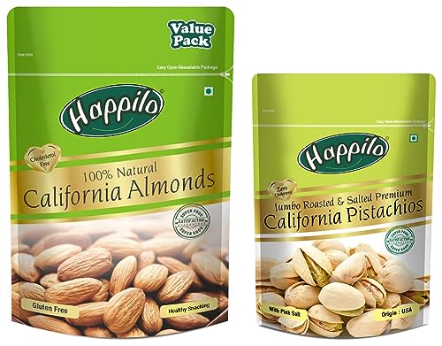 Image of Happilo 100% Natural Premium Californian Almonds Value Pack Pouch, 500 g & Premium Californian Roasted and Salted Pistachios, 200g