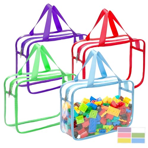 4 Packs 4 Colors Large Toy Storage Bags with Zipper and Labels, Clear PVC Waterproof Toy Organizers Bags for Board Games, Puzzles Pieces, Building Blocks, Handmade Accessories
