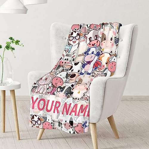 Personalized Cow Blanket Gifts with Name - 40"x50" Cute Throw for Women, Girls - Colorful Soft Fuzzy Blankets for Couch & Sofa