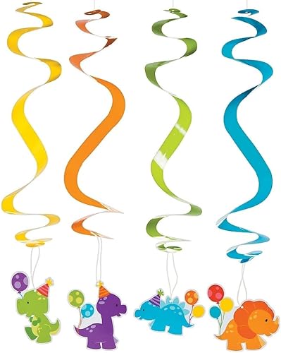 Fun Express - Pequeños remolinos colgantes de dinosaurio para cumpleaños - Decoración de fiesta - Decoración colgante - Espirales y remolinos -