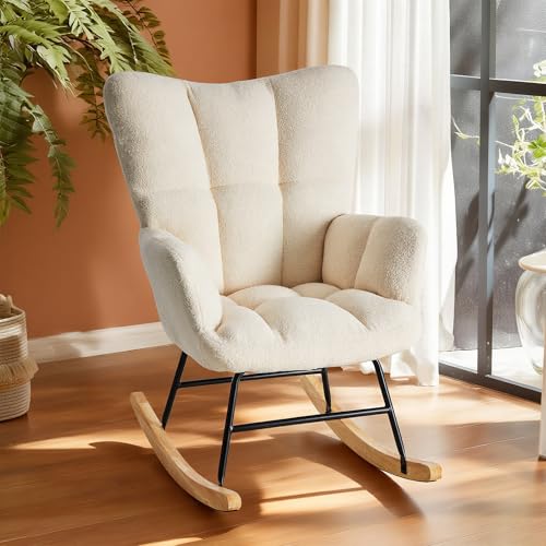 DUMOS Rocking Chair Nursery with High Backrest, Teddy Upholstered Indoor Reading Glider Chair with Comfy Seat for Nursery, Bedroom, Living Room, Office, Beige