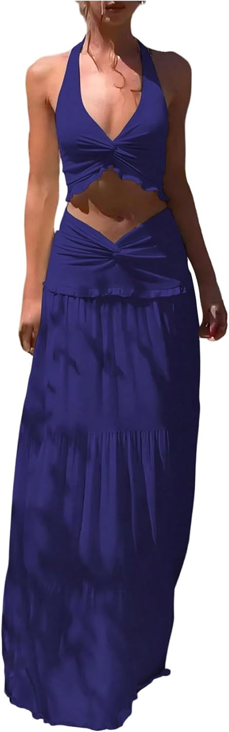 SOLY HUX Women's 2 Piece Vacation Outfit Backless Halter Crop Top and Tiered Ruffle Maxi Skirt Set