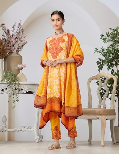 Image of BIBA Women Cotton Straight Printed Kurta Ankle Length Suit Set