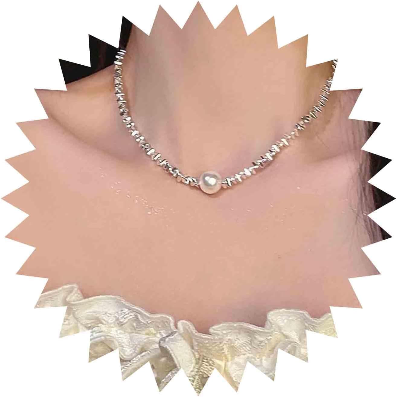 Boho Tube Beaded Necklace Floating Pearl Choker Necklace Silver Irregular Beaded Chain Necklace Single Pearl Necklace Chain Jewelry for Women