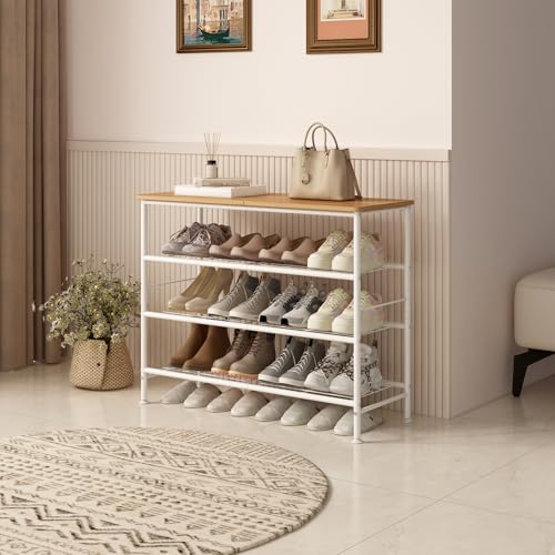 Image of SUOERNUO Shoe Rack Organizer 4 Tier for Closet Entryway Free Standing Metal Storage Shoe Shelf with MDF Top Board (White + Nordic Walnut, 4 Tier)