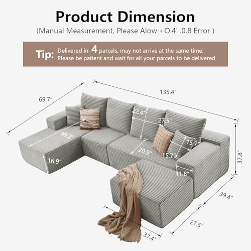 135" Modular Sectional Sofa with U Shaped Chaise, Upholstered Couches for Living Room with Deep Seat, No Assembly Required, Corduroy Cloud Couches, Grey(Left-Facing Chaise - Image 3
