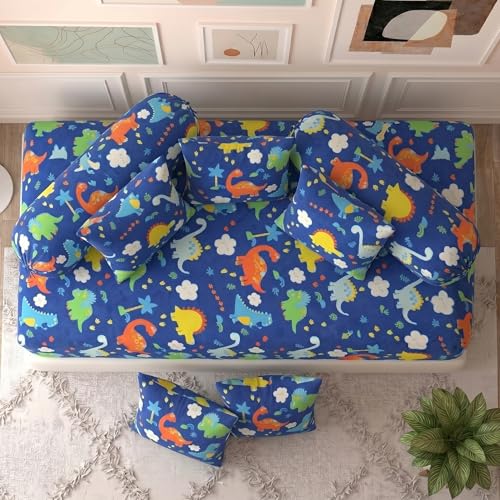 Image of Filymore Blue Dinosaur Kids Fitted Diwan Set 8 Pieces - Microfiber Diwan Bedsheet Set with 5 Cushion Covers & 2 Bolster Covers | Soft Cartoon Dinosaur Print Diwan Cover Set for Kids Room