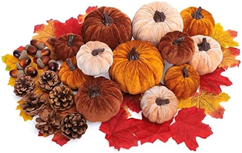 AnyDesign 12Pcs Fall Artificial Pumpkin with 30Pcs Mixed Color Maple Leaf 12Pcs Acorn and 6Pcs Pine Cone Decor Autumn Faux Velvet Foam Pumpkin Table Ornament for Fall Harvest Thanksgiving Party Decor