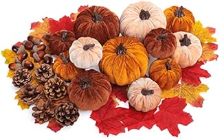 AnyDesign 12Pcs Fall Artificial Pumpkin with 30Pcs Mixed Color Maple Leaf 12Pcs Acorn and 6Pcs Pine Cone Decor Autumn Faux Velvet Foam Pumpkin Table Ornament for Fall Harvest Thanksgiving Party Decor