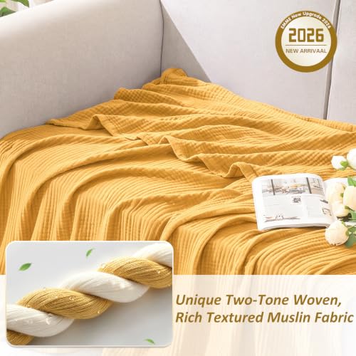 Image of EMME Muslin Cotton Blanket Adults Heather Yellow Throw XL 50 inchx70 inch