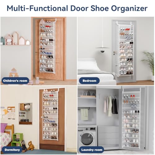 Image of Whitmor 36 Pair Over the Door Shoe Rack,12 Tier Hanging Shoe Organizer with Metal Frame & Mesh Shelves, Heavy Duty Shoe Storage Holder for Door,No Drill Installation, 74 inchH x 21.7 inchW x 7.5 inchD, Matt White
