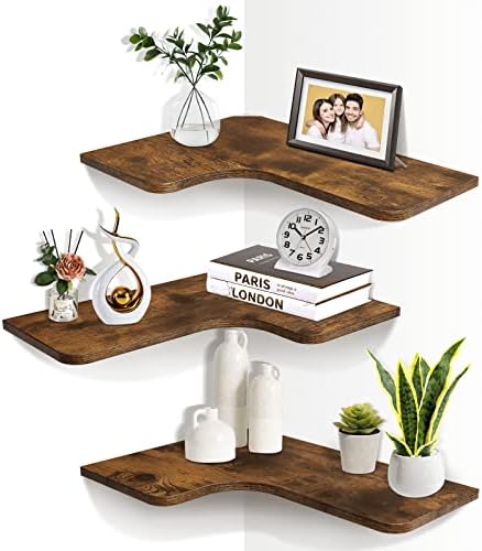Homode Corner Floating Shelves, Set of 3 Corner Wall Shelves with Wire Hole, L-Shaped Wood Storage Shelf for Wall Decor, for Bathroom Kitchen Bedroom, Rustic Brown and Black