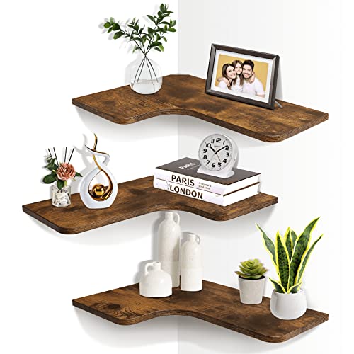 Homode Corner Floating Shelves, Set Of 3 Corner Wall Shelves With Wire Hole, L-Shaped Wood Storage Shelf For Wall Decor, For Bathroom Kitchen Bedroom, Rustic Brown And Black #TOP8
