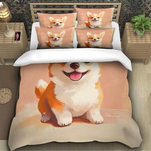 Parure housse de couette chiot Corgi 3D microfibre lit single taies d'oreiller