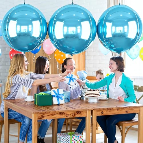 Image of 50 Inch Metallic Light Blue Round Foil Balloons 3pcs Large Mylar Balloons | Jumbo Giant Helium 4D Ball Balloons for Birthday Party, Graduation, Wedding, Christmas, New Year, Disco Prom Party Decoration