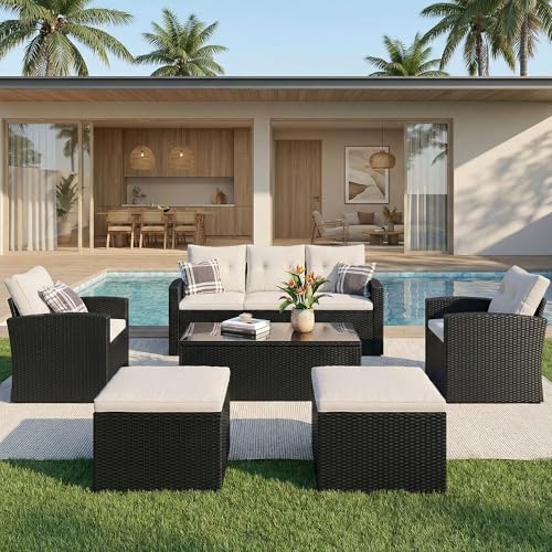 Image of OUTLIVING 6 Piece Outdoor Conversation Set | All Weather Wicker Sectional Sofa with Cushioned Ottoman and Glass Top Table | Ideal for Garden, Deck, Porch, Patio and Poolside (Black & White)
