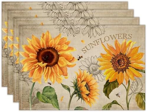 Sunflower Linen Placemats Set of 4, 12x18 Inch Farmhouse Spring Summer Sunshine 