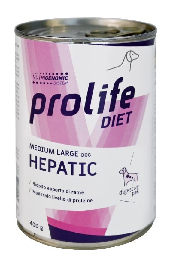 Prolife umido Hepatic cane, alimento completo dietetico per cani con disturbi epatici, dieta veterinaria, gusto Pollo e Maiale | 6 scatolette da 400 grammi l'una.