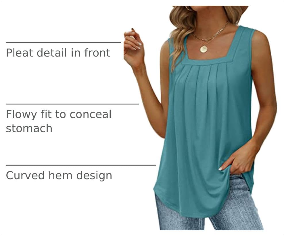 Image of Saloogoe Summer Tank Tops for Women Loose Fit Pleated Square Neck Sleeveless Tops Curved Hem Flowy