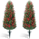 Yunlly 2 Set 3 FT Artificial Christmas Topiary Cedar Trees Faux Cypress Trees Christmas Decorations Indoor Outdoor, Fake Plant with Spike, Urn Filler for Front Porch Garden Decor