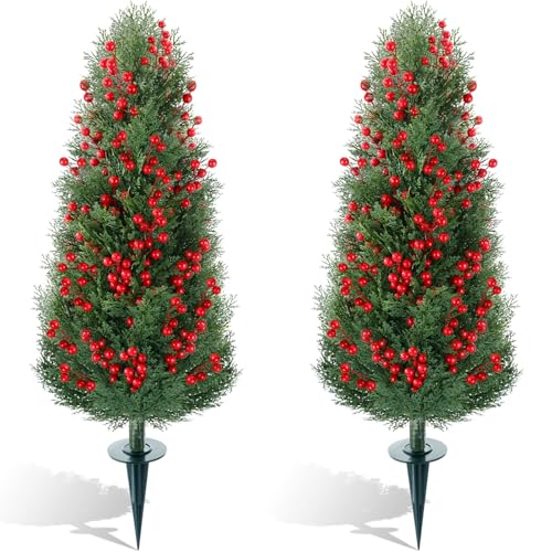 Yunlly 2 Set 3 FT Artificial Christmas Topiary Cedar Trees Faux Cypress Trees Christmas Decorations Indoor Outdoor, Fake Plant with Spike, Urn Filler for Front Porch Garden Decor