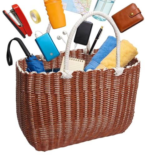 Cesta de la compra – 9.06 x 6.3 x 9.45 pulgadas, contenedor de almacenamiento reutilizable con parte abierta, cesta tejida con asas para almacenamiento de alimentos, verduras, frutas, cocina